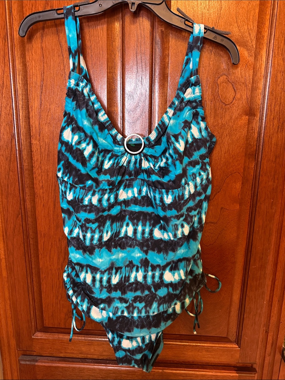 Michael Kors Blue Black Tie-Dye Ruched Swim Top with Silver Ring